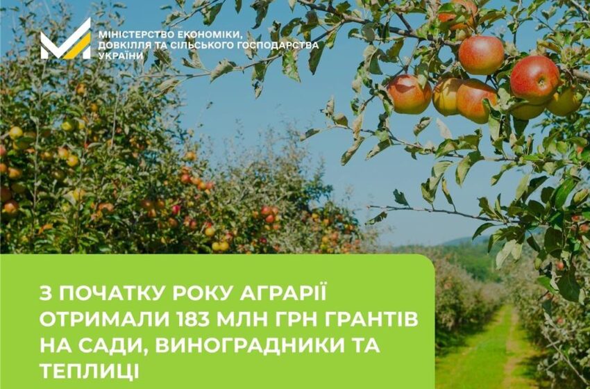  З початку року аграрії отримали 183 млн грн грантів на сади, виноградники та теплиці